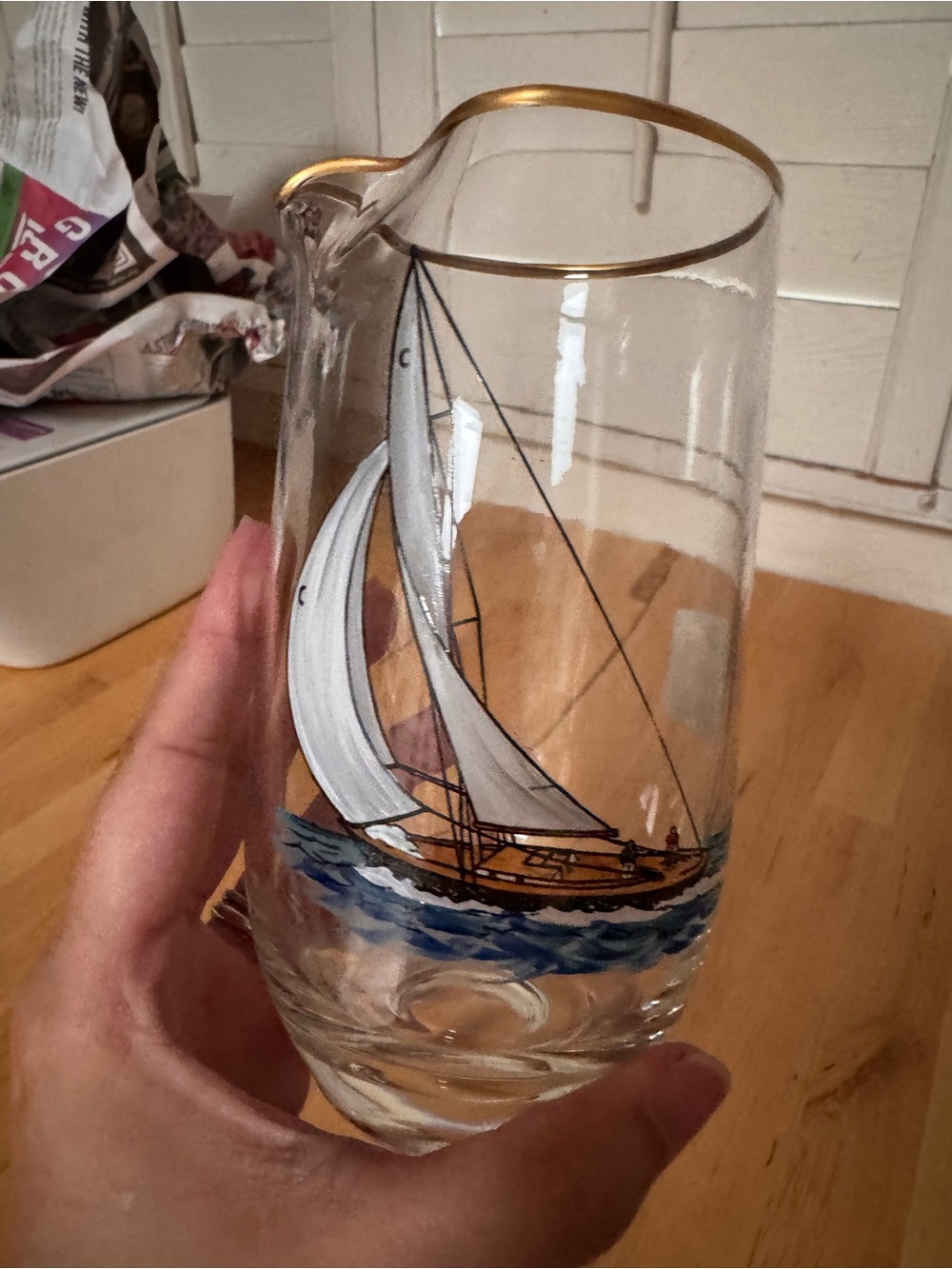 Hand-Painted Sailboat Glass Pitcher - White & Blue Accent